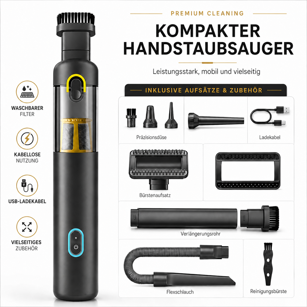 Kompakter Autohandstaubsauger für Alltag und Reisen