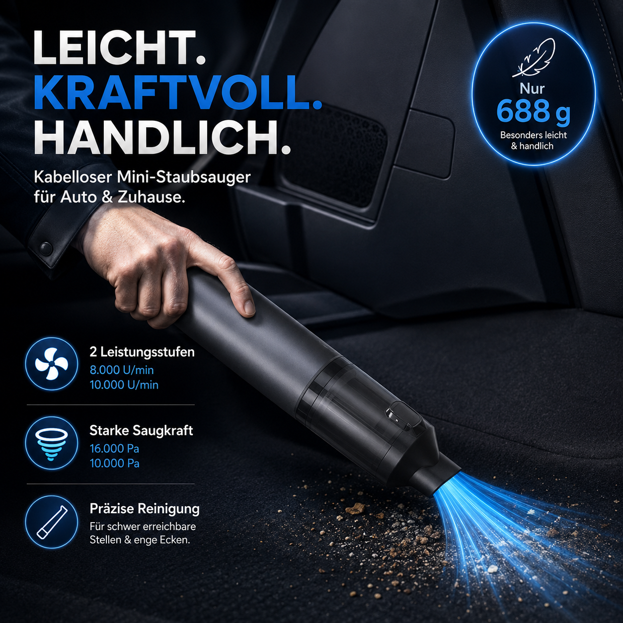 Kompakter Autohandstaubsauger für Alltag und Reisen